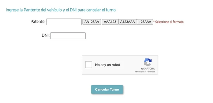 Pantalla para cancelar el turno de la VTV en Pehuajó con patente y DNI